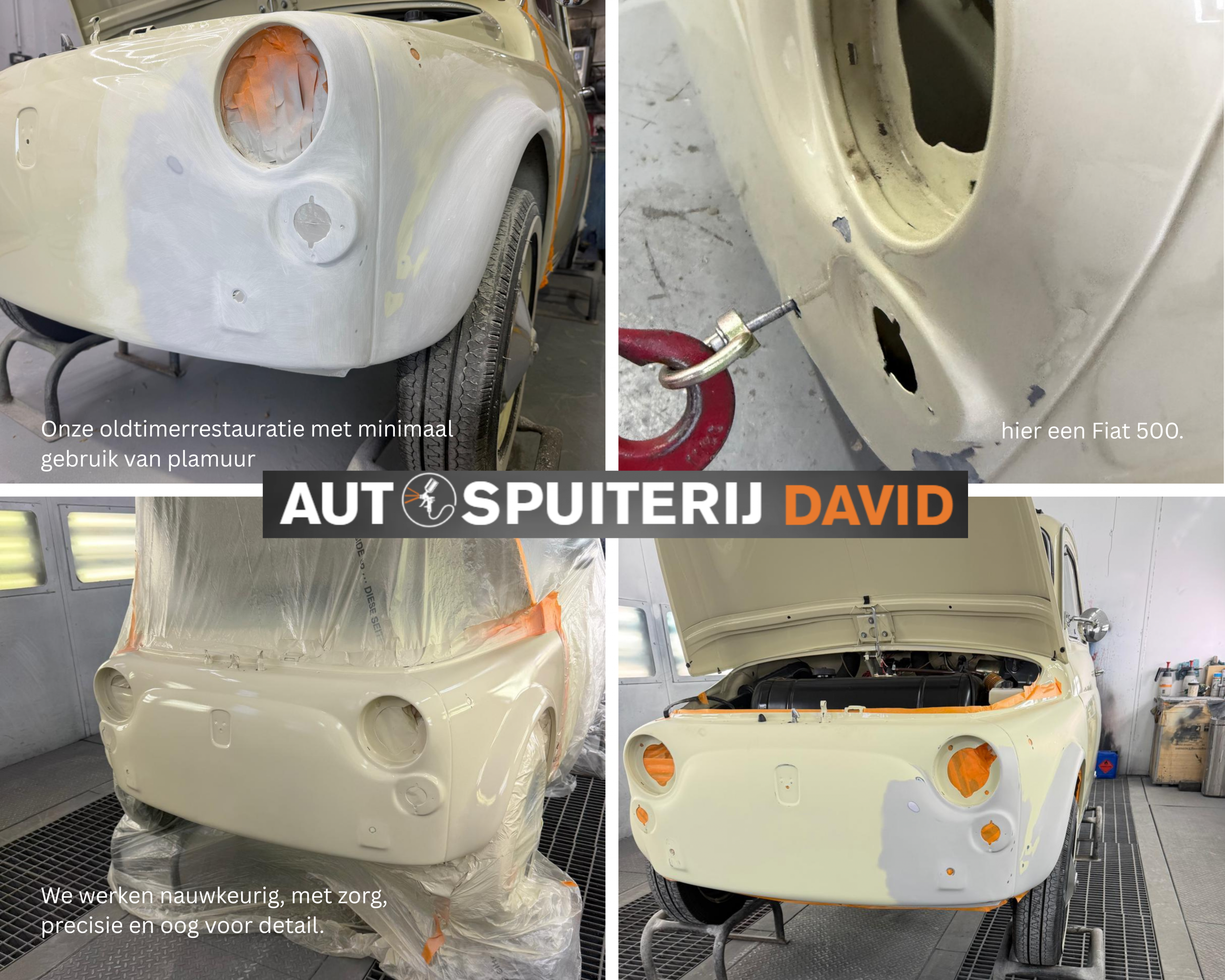 Onze oldtimerrestauratie met minimaal gebruik van plamuur — hier een Fiat 500.