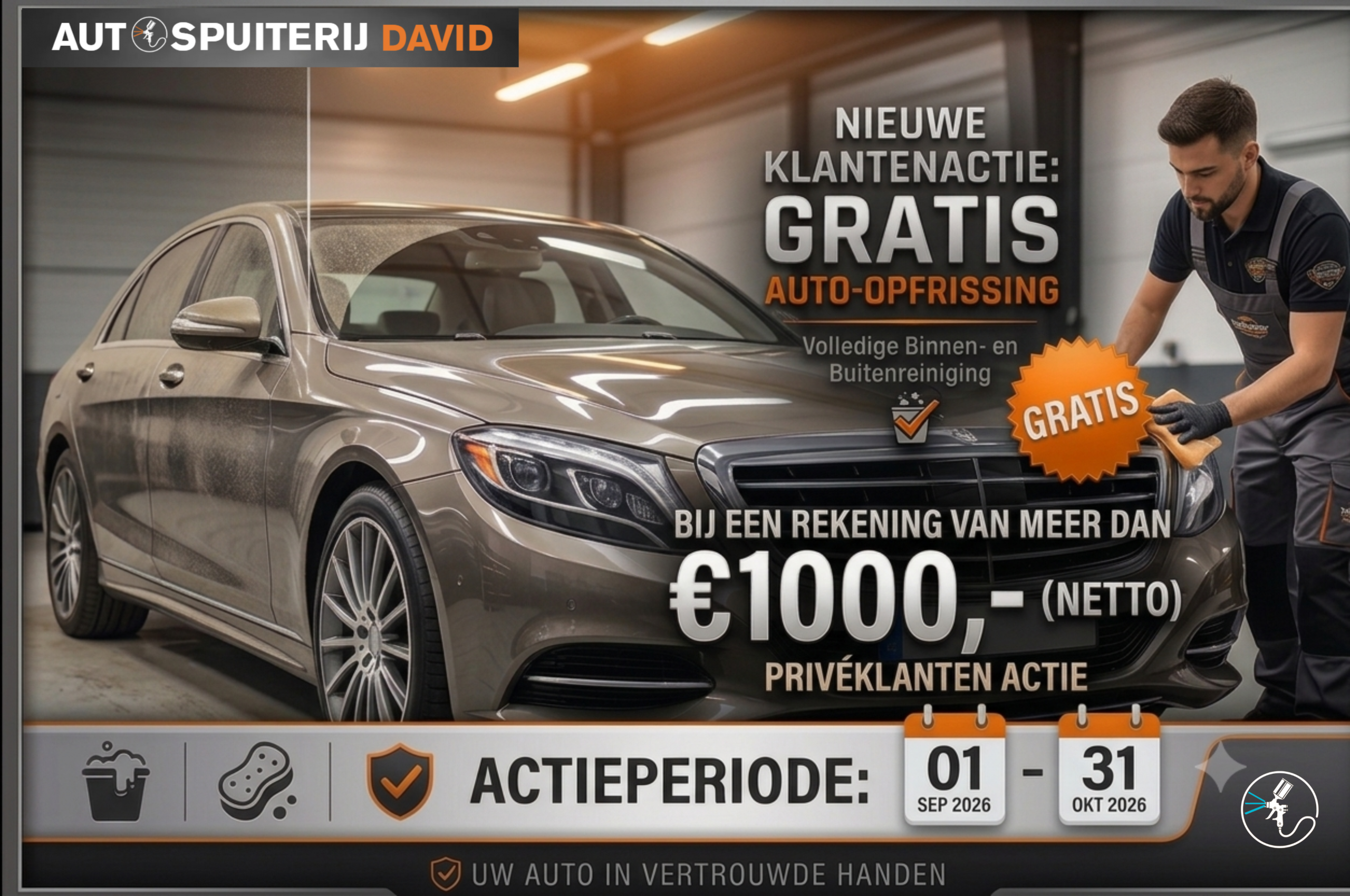 Nieuwe klantenactie: Ontvang een gratis complete auto-reiniging (binnen en buiten) bij een werkplaatsrekening vanaf €1000,- netto (01-09-2026 t/m 31-10-2026)